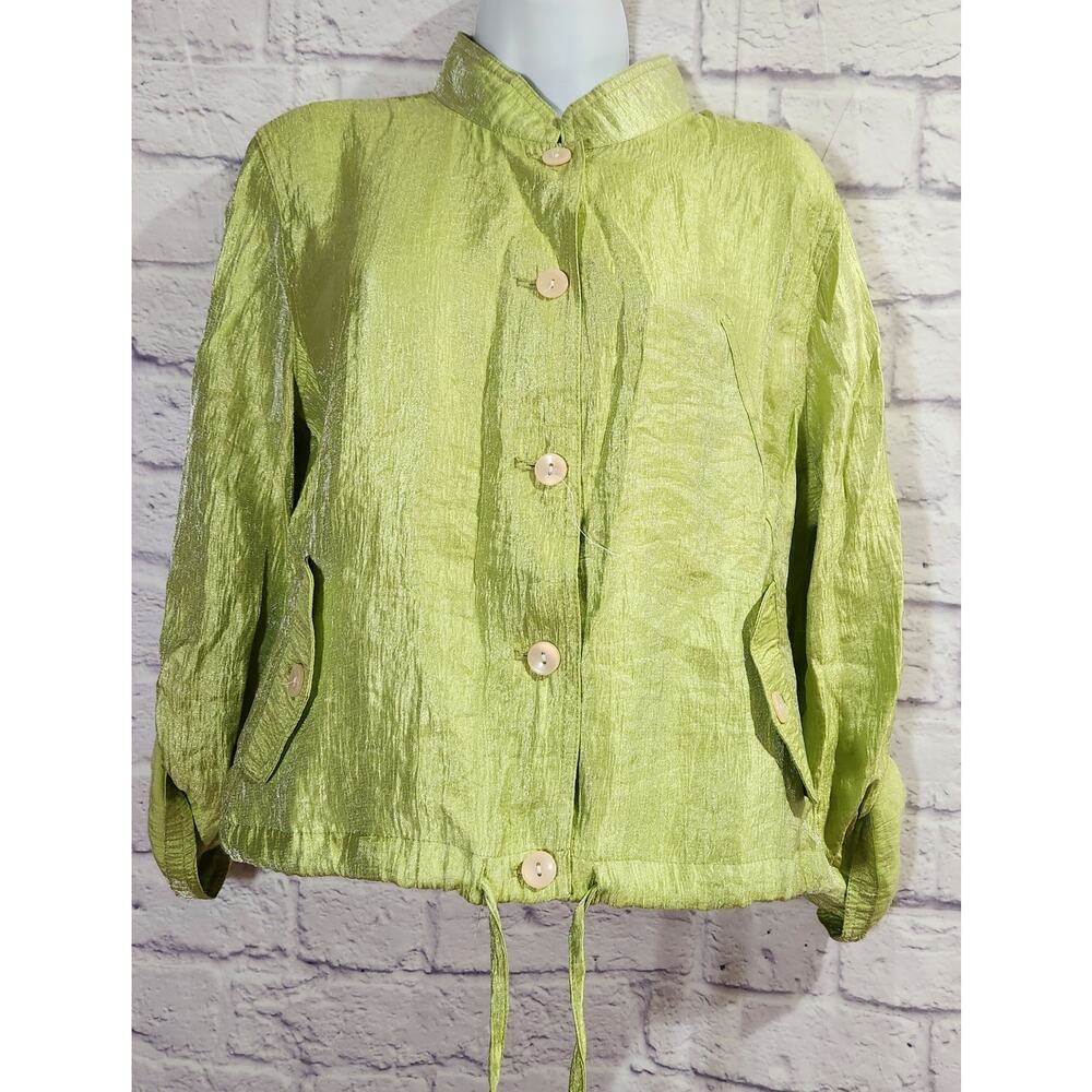 Linear Lime Green Shiny Material Button Up Blazer PL Lightweight Roll Tab Sleeve